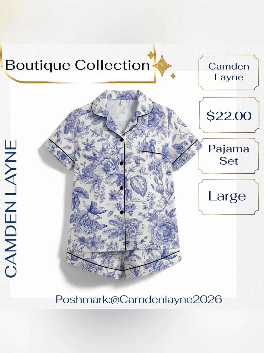 Camden Layne Blue and White Floral Short Sleeve Pajama Set - Picture 2 of 7